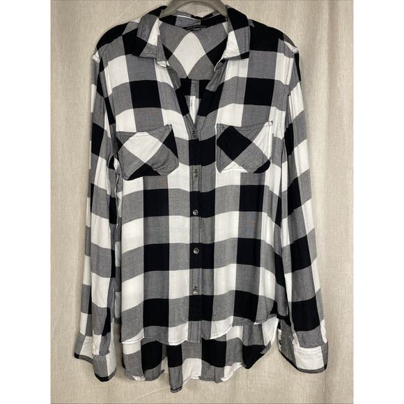☆ Rock & Republic Women's Long Sleeve Plaid Button Up Flannel Size Large - B&W - Picture 1 of 6